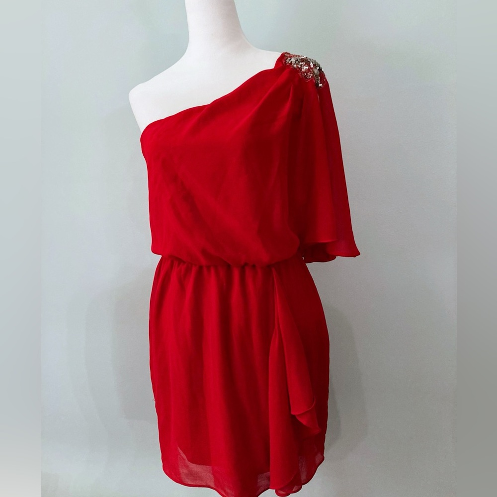 B Darlin Lipstick Red One Shoulder Mini Dress